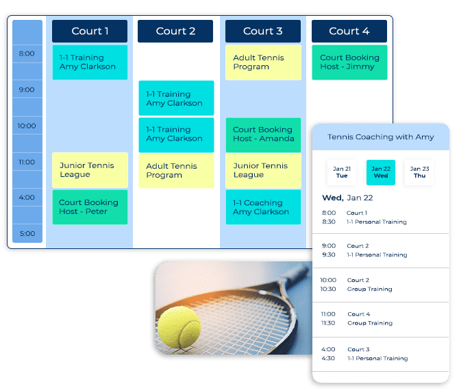 Tennis and Pickleball Software - Smart Scheduling - Management of all courts and tennis pro bookings updated in real time