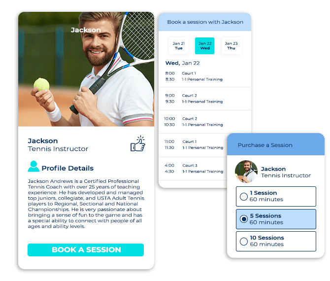 Tennis and Pickleball Software - Hire Pros - Hire and schedule appointments with Tennis Pros, purchases and Session Balances maintained on the platform